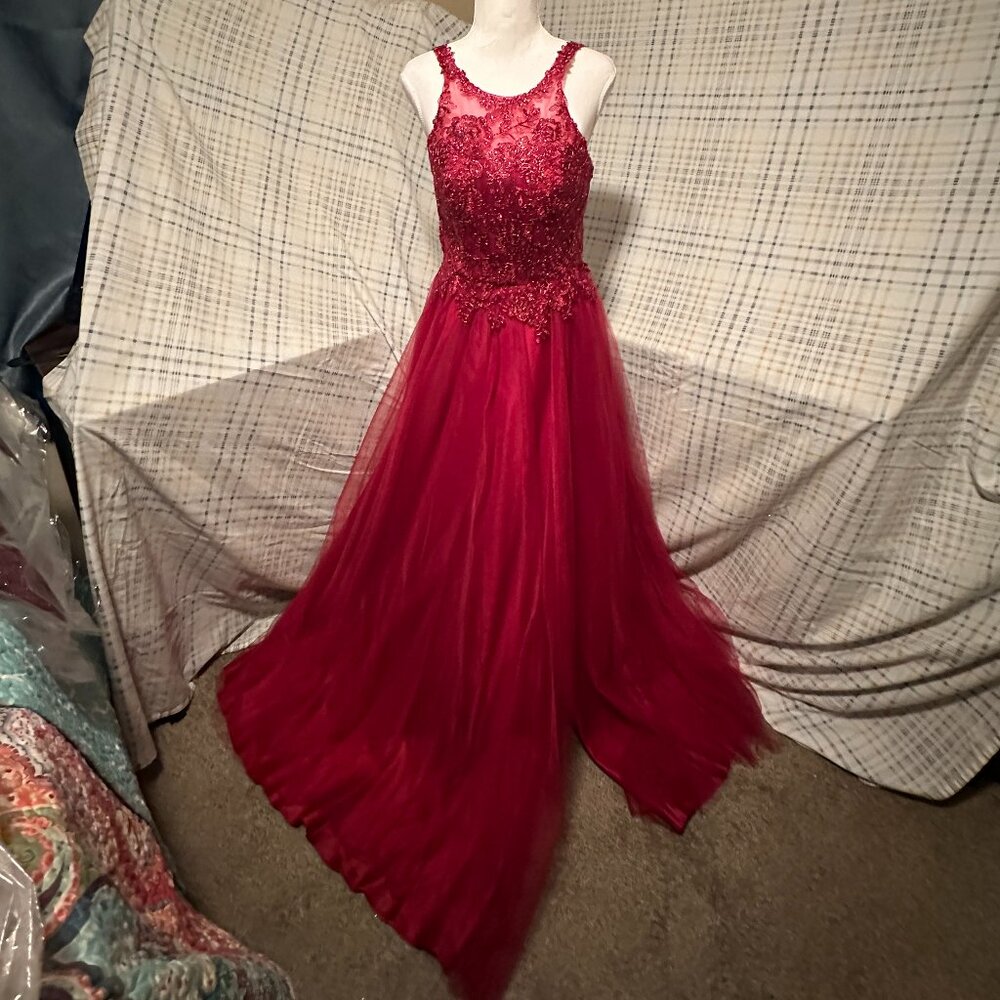 Red Lace and Tulle Formal Gown